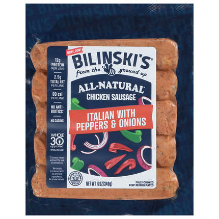 Bilinski's Mild Italian Style Peppers & Onions Chicken Sausage NO PORK
