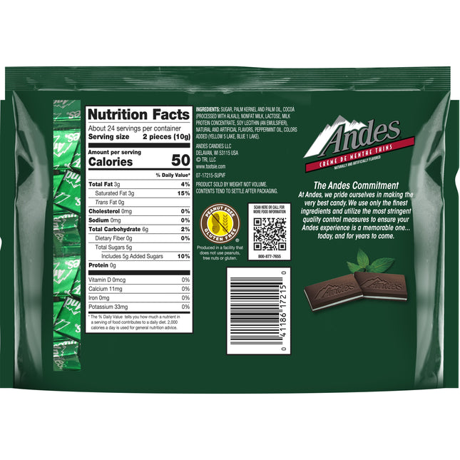 Andes, Crème De Menthe, Mint Chocolate Candy, 8.5 Oz. Gluten Free & Peanut Free. Contains Milk.