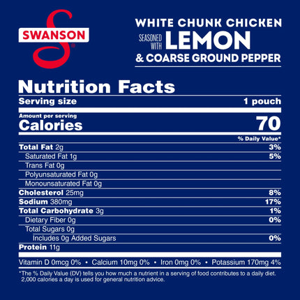 Swanson Lemon and Coarse Ground Pepper White Chunk Fully Cooked Chicken, Ready to Eat, Simple On-The-Go Meals, 2.6 Oz Pouch