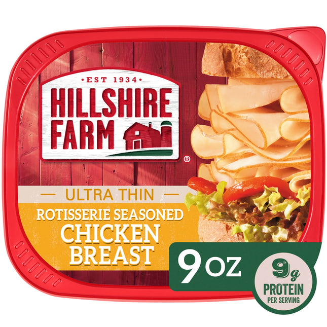 Hillshire Farm Ultra Thin Rotisserie Seasoned Chicken Breast, Deli Lunch Meat, 9 Oz Plastic Tub