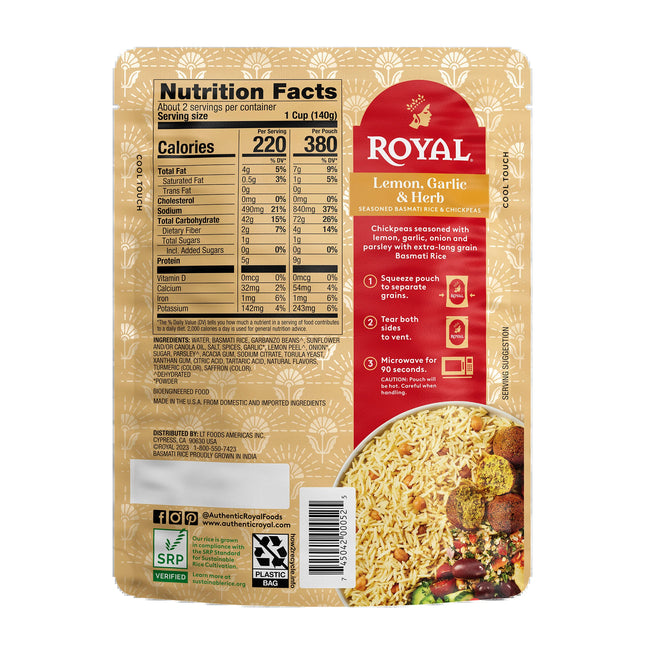 Authentic Royal Ready-To-Heat Lemon Garlic Herb Long Grain Basmati Rice, 8.5 Oz Microwavable Pouch