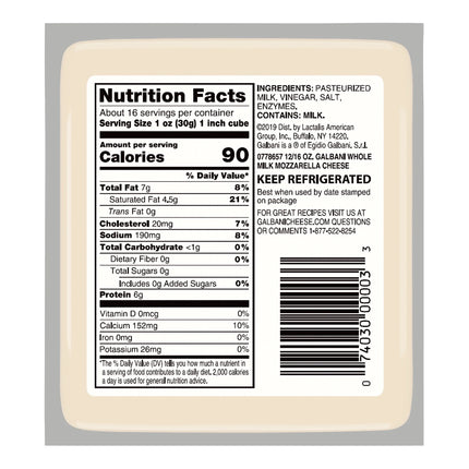 Galbani Whole Milk Mozzarella Cheese Block, 16 Oz (Refrigerated)