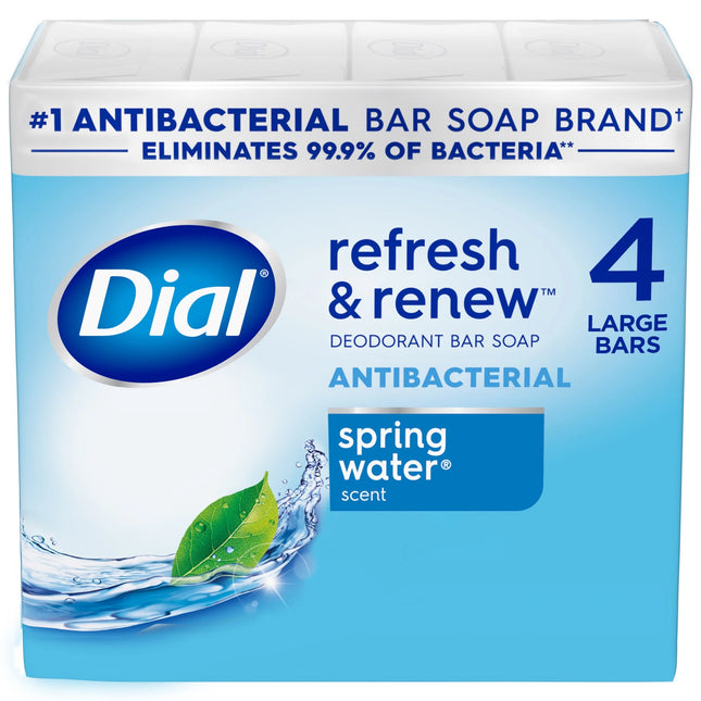 Dial Antibacterial Bar Soap, Refresh & Renew, Spring Water, 4 Oz, 4 Bars