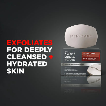 Dove Men+Care 3-In-1 Hand & Body + Face + Exfoliation Bar for Dry Skin, Deep Clean, 3.75 Oz 12 Bars