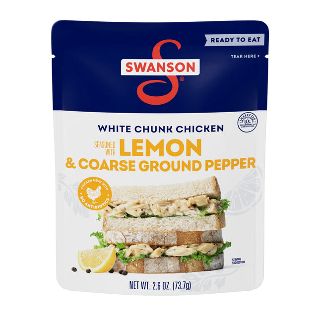 Swanson Lemon and Coarse Ground Pepper White Chunk Fully Cooked Chicken, Ready to Eat, Simple On-The-Go Meals, 2.6 Oz Pouch