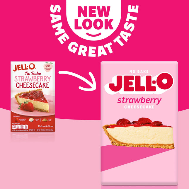 Jell-O No Bake Strawberry Cheesecake Dessert Kit with Strawberry Topping, Filling Mix and Crust Mix, 19.6 Oz Box