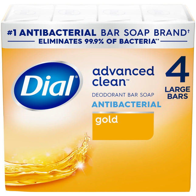 Dial Antibacterial Deodorant Bar Soap, Advanced Clean, Gold, 4 Oz, 4 Bars