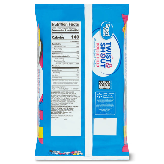 Great Value Twist & Shout Double Filled Chocolate Sandwich Cookies, Family Size, 20 Oz
