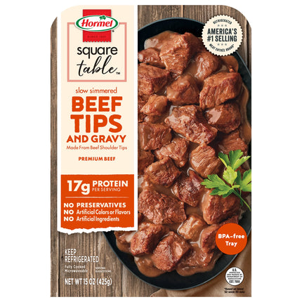 HORMEL SQUARE TABLE Slow Simmered Beef Tips and Gravy, Beef Shoulder Cuts, Refrigerated, 15 Oz Plastic Microwaveable Tray