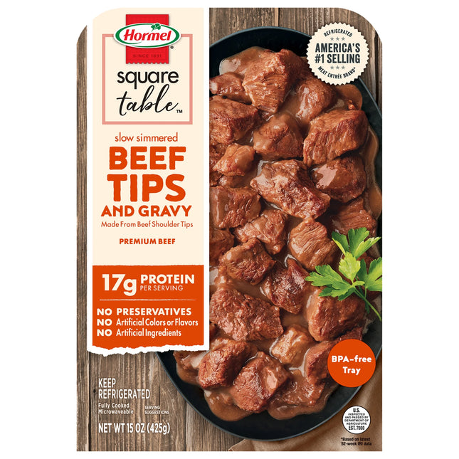 HORMEL SQUARE TABLE Slow Simmered Beef Tips and Gravy, Beef Shoulder Cuts, Refrigerated, 15 Oz Plastic Microwaveable Tray