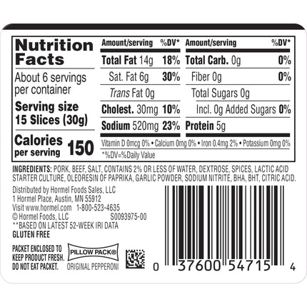 HORMEL, Pepperoni, Pizza Topping, Gluten Free, Original, 6 Oz Bag​