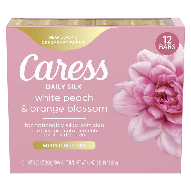 Caress Daily Silk Moisturizing Soap, White Peach & Orange Blossom, 3.75 oz 12 Bars