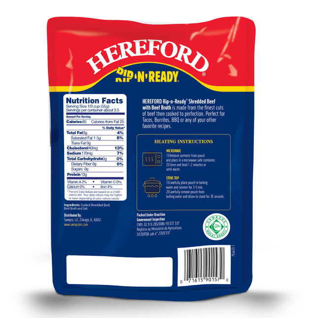 Hereford Fully Cooked Shredded Beef with Beef Broth, 7 Oz (Shelf Stable)
