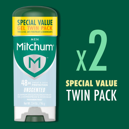 Mitchum Men’S Triple Odor Protection Antiperspirant & Deodorant Gel, Unscented, 2 Pack