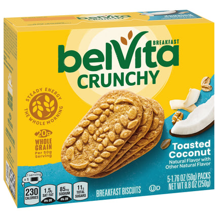 Belvita Breakfast Bars Biscuits, Toasted Coconut, 5 Packs (4 Biscuits per Pack)