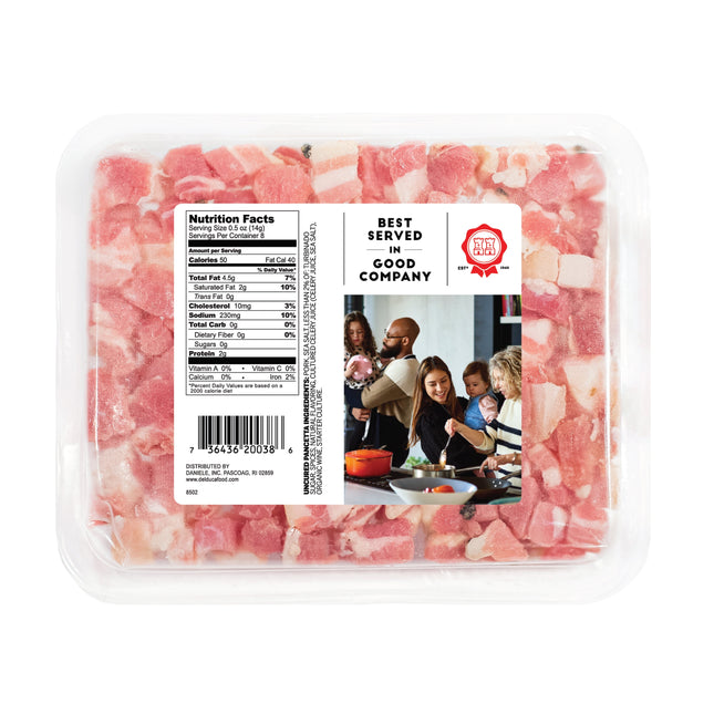 Del Duca, Diced Pancetta, Uncured Pork Belly, 4 Oz Plastic Tray, Serving Size .5 Oz, 2 Grams of Protein per Serving