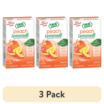 (10 Packets) True Lemon Peach Lemonade Stevia Sweetened, On-The-Go, Caffeine Free Powdered Drink Mix