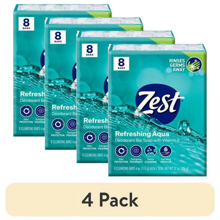 Zest Deodorant Bar Soap, Hydrating Moisture for All Skin Types, Aqua, 4 Oz, 8 Bars