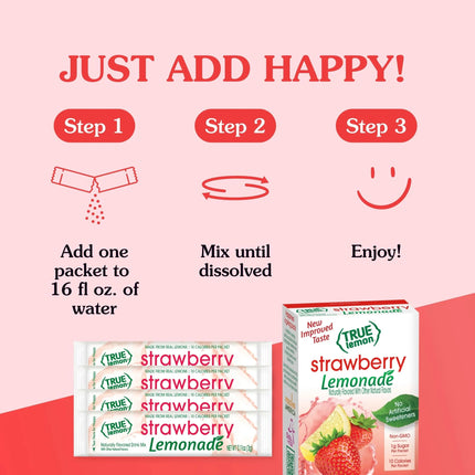 True Lemon Strawberry Lemonade Drink Mix Powder, No Artificial Sweeteners, 1.06 Oz., 10 Count Box