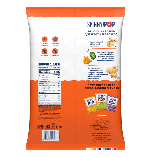 Skinnypop Gluten Free Cheddar Jalapeno, 4.4 Oz Sharing Size Bag, Skinny Pop, Healthy Popcorn Snacks