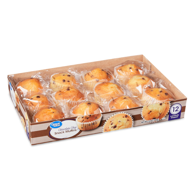 Great Value Chocolate Chip Snack Muffins, 12 Oz, 12 Count, Shelf-Stable, Regular, Baked, Soft, Chewy