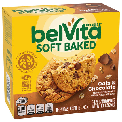 Belvita Soft Baked Breakfast Bars, Oats & Chocolate, 5 Packs (1 Biscuit per Pack)
