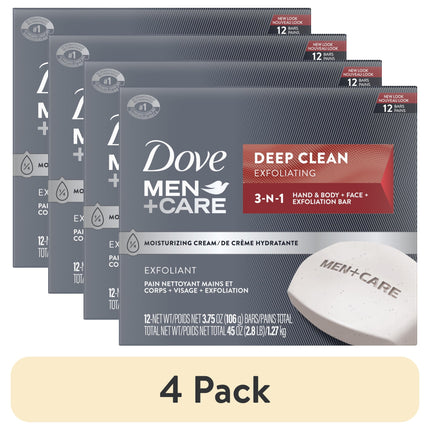 Dove Men+Care 3-In-1 Hand & Body + Face + Exfoliation Bar for Dry Skin, Deep Clean, 3.75 Oz 12 Bars