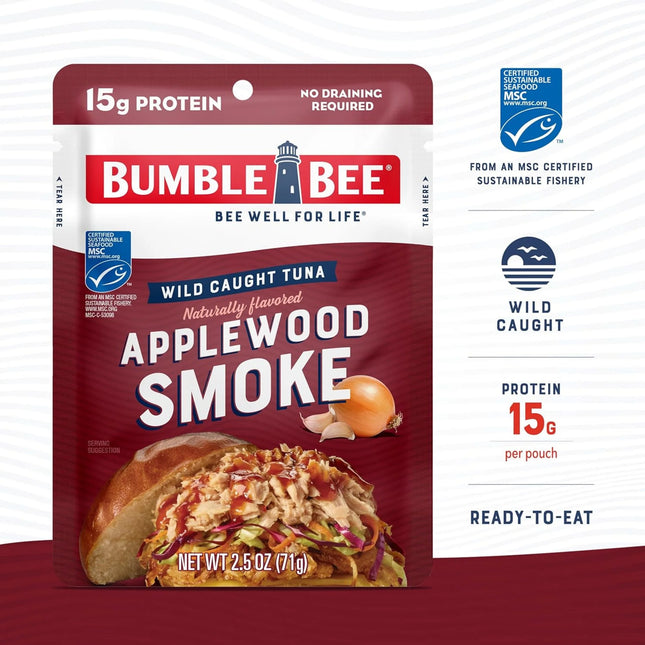 Bumble Bee Applewood Smoke Naturally Flavored Light Tuna, Wild Caught, Gluten Free, 15G Protein per Serving, Ready to Eat, Shelf Stable Pouch, 2.5 Oz