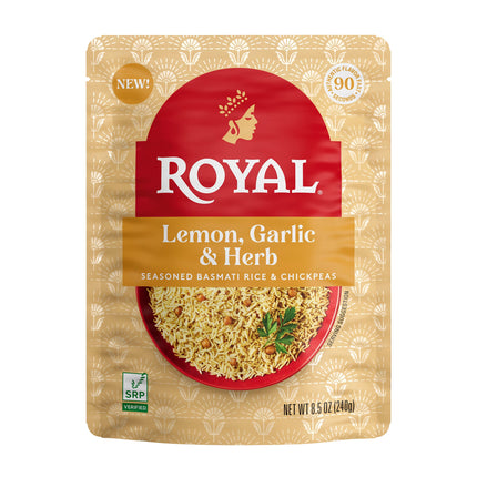 Authentic Royal Ready-To-Heat Lemon Garlic Herb Long Grain Basmati Rice, 8.5 Oz Microwavable Pouch