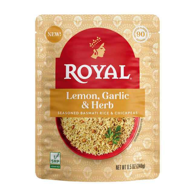 Authentic Royal Ready-To-Heat Lemon Garlic Herb Long Grain Basmati Rice, 8.5 Oz Microwavable Pouch