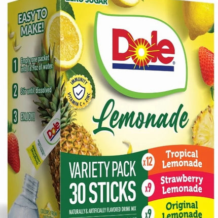 Dole Lemonade Variety Powder Mix, Tropical, Classic, & Strawberry, 30 Pack