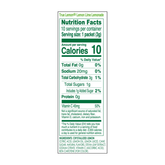 True Lemon Lemon Lime Lemonade Drink Mix Powder, 10 Calories, No Artificial Sweeteners, 10 Count