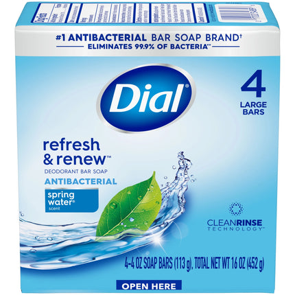 Dial Antibacterial Bar Soap, Refresh & Renew, Spring Water, 4 Oz, 4 Bars