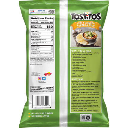 Tostitos Tortilla Chips, Hint of Lime, 11 Oz Bag, Snack Chips