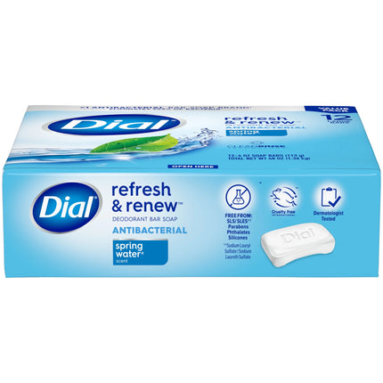 Dial Antibacterial Bar Soap, Refresh & Renew, Spring Water, 4 Oz, 12 Bars