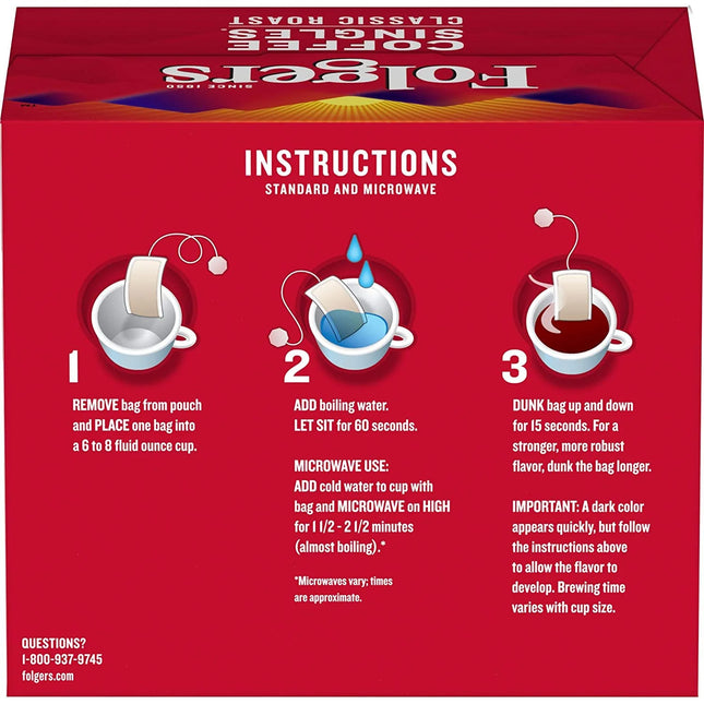 Folgers Coffee Singles Classic Roast Medium Roast Coffee, 19 Single Serve Coffee Bags
