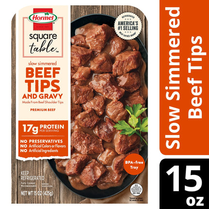 HORMEL SQUARE TABLE Slow Simmered Beef Tips and Gravy, Beef Shoulder Cuts, Refrigerated, 15 Oz Plastic Microwaveable Tray