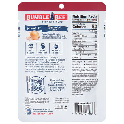 Bumble Bee Applewood Smoke Naturally Flavored Light Tuna, Wild Caught, Gluten Free, 15G Protein per Serving, Ready to Eat, Shelf Stable Pouch, 2.5 Oz
