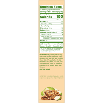 Nature'S Bakery, Oatmeal Crumble, Apple, 10 Breakfast Snack Bars, 1.41 Oz