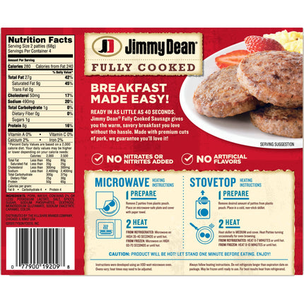 Jimmy Dean Fully Cooked Original Pork Sausage Patties, 9.6 Oz, 8 Count