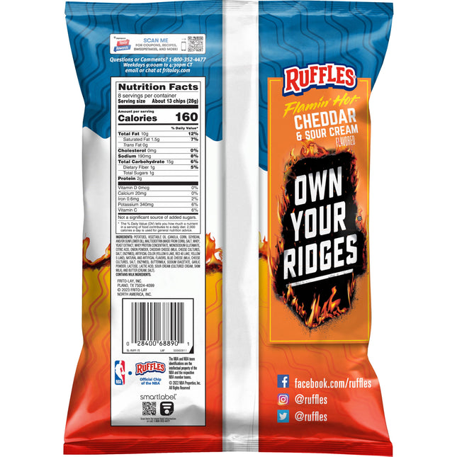 Ruffles Flamin' Hot Cheddar and Sour Cream Flavored Potato Snack Chips, 8 Ounce Bag
