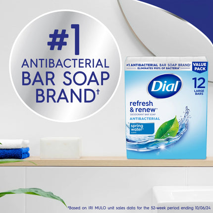 Dial Antibacterial Bar Soap, Refresh & Renew, Spring Water, 4 Oz, 12 Bars