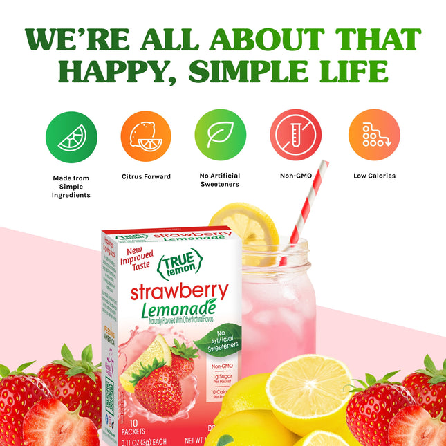 True Lemon Strawberry Lemonade Drink Mix Powder, No Artificial Sweeteners, 1.06 Oz., 10 Count Box