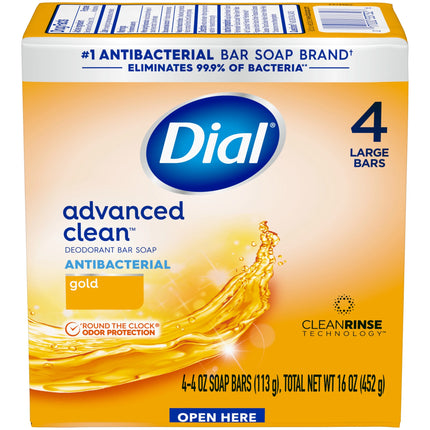 Dial Antibacterial Deodorant Bar Soap, Advanced Clean, Gold, 4 Oz, 4 Bars