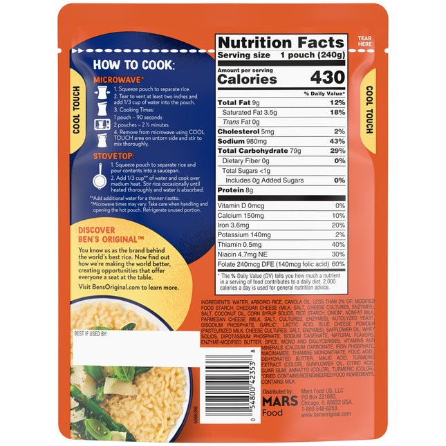 BEN'S ORIGINAL Ready Rice Cheese Risotto Flavored Rice, Easy Dinner Side, 8.5 Oz Pouch