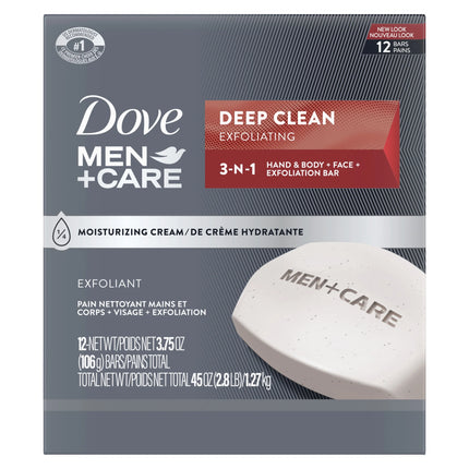 Dove Men+Care 3-In-1 Hand & Body + Face + Exfoliation Bar for Dry Skin, Deep Clean, 3.75 Oz 12 Bars