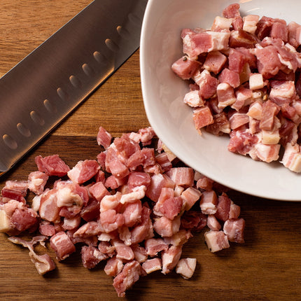 Del Duca, Diced Pancetta, Uncured Pork Belly, 4 Oz Plastic Tray, Serving Size .5 Oz, 2 Grams of Protein per Serving