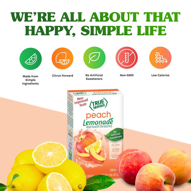 (10 Packets) True Lemon Peach Lemonade Stevia Sweetened, On-The-Go, Caffeine Free Powdered Drink Mix