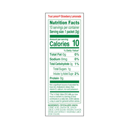True Lemon Strawberry Lemonade Drink Mix Powder, No Artificial Sweeteners, 1.06 Oz., 10 Count Box
