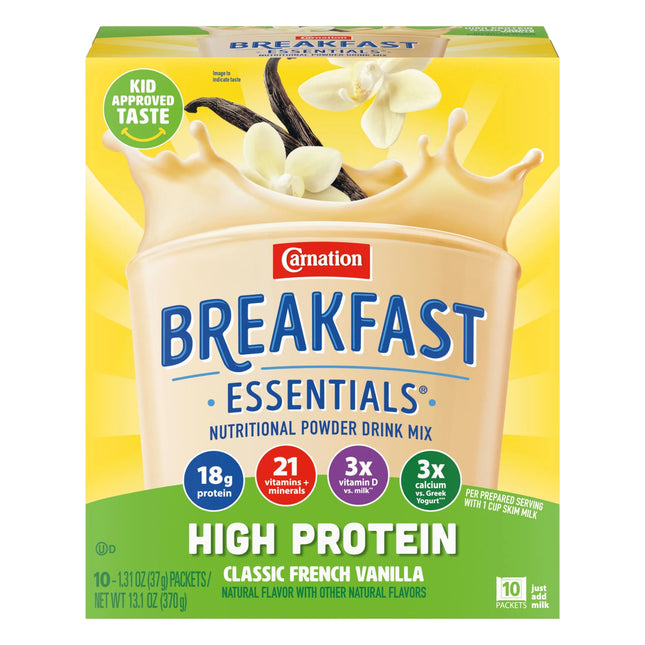 Carnation Breakfast Essentials Powder High Protein Nutritional Shake Drink Mix Packets, Classic French Vanilla, 10 Count